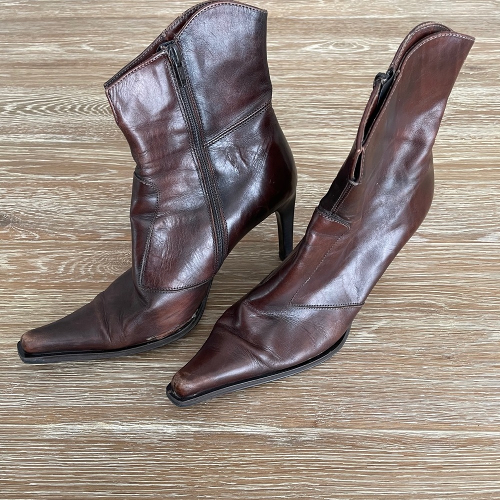Also brown leather ankle boots